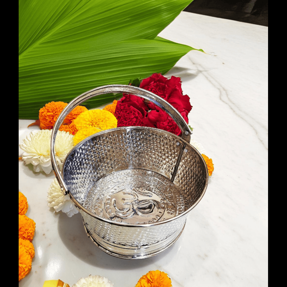 Traditional Silver Steel Round Flower Basket for Pooja