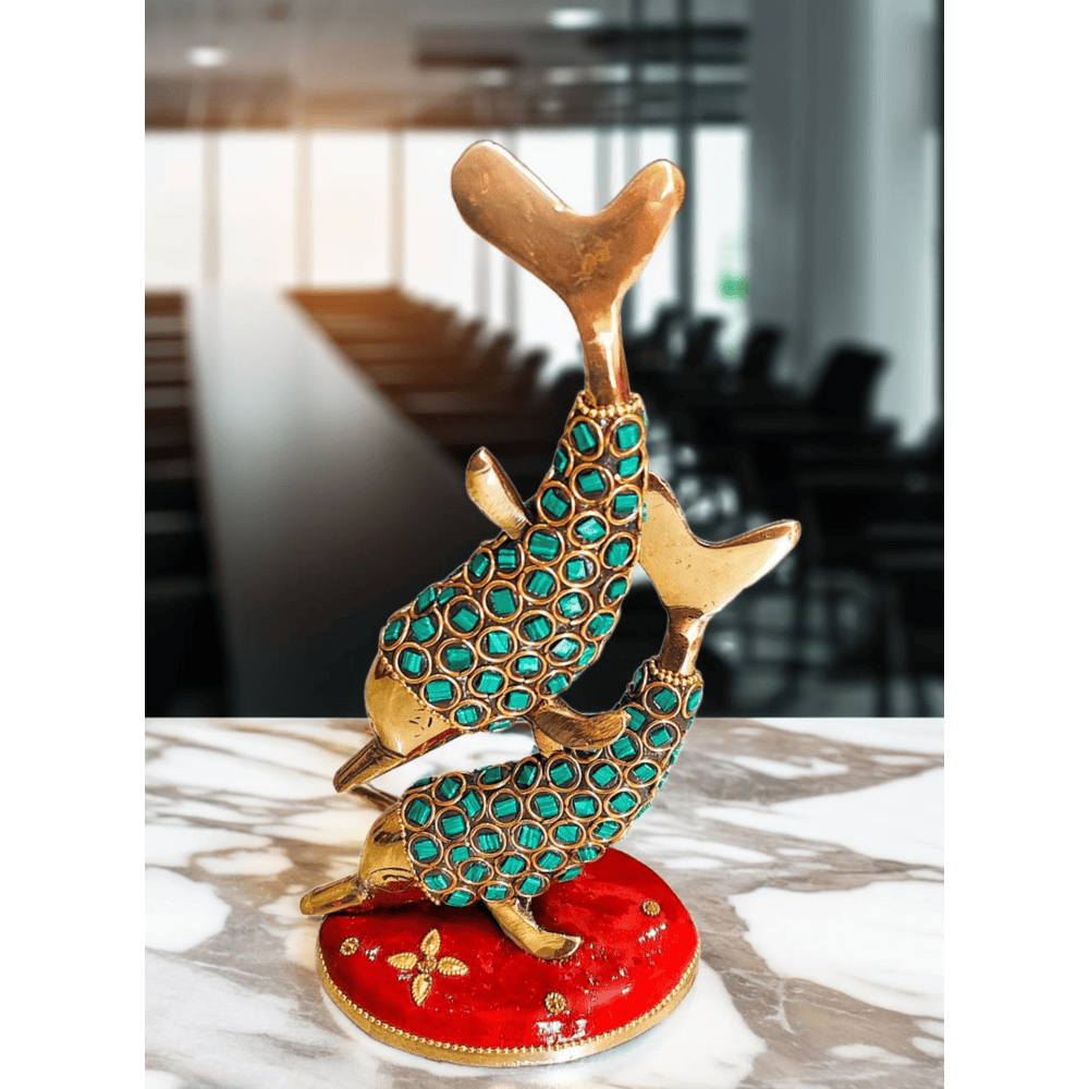 Brass Dolphin Fish Pair Statue with Stone-Work.