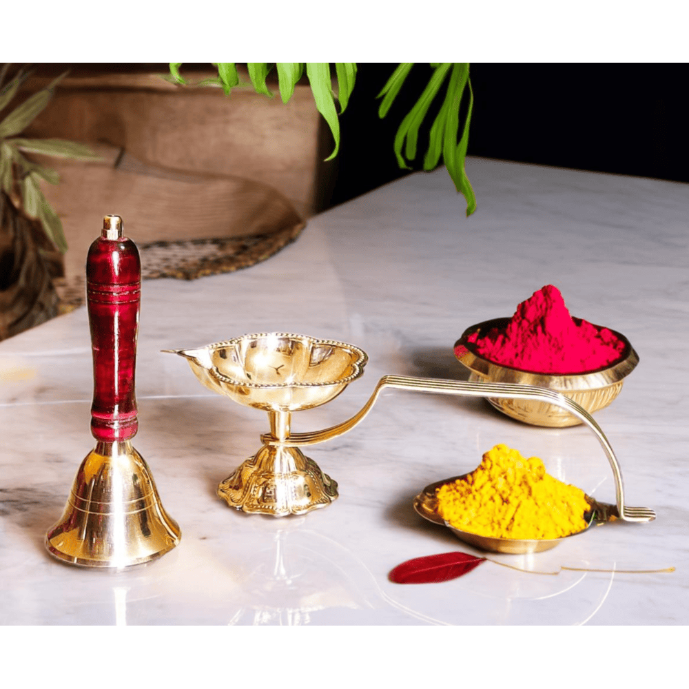 Pure Brass Aarti Diya with Wooden Handle Bell-Combo.