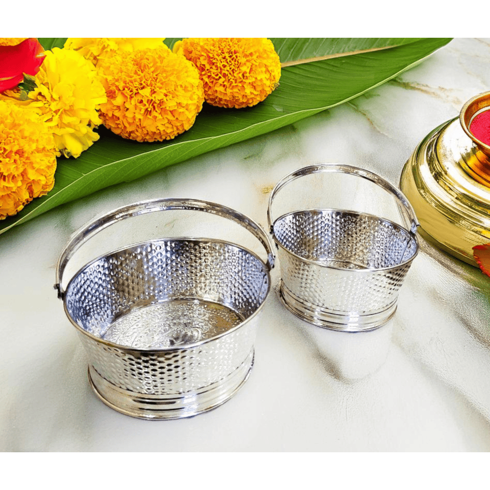 Traditional Steel Round Flower Basket for Pooja