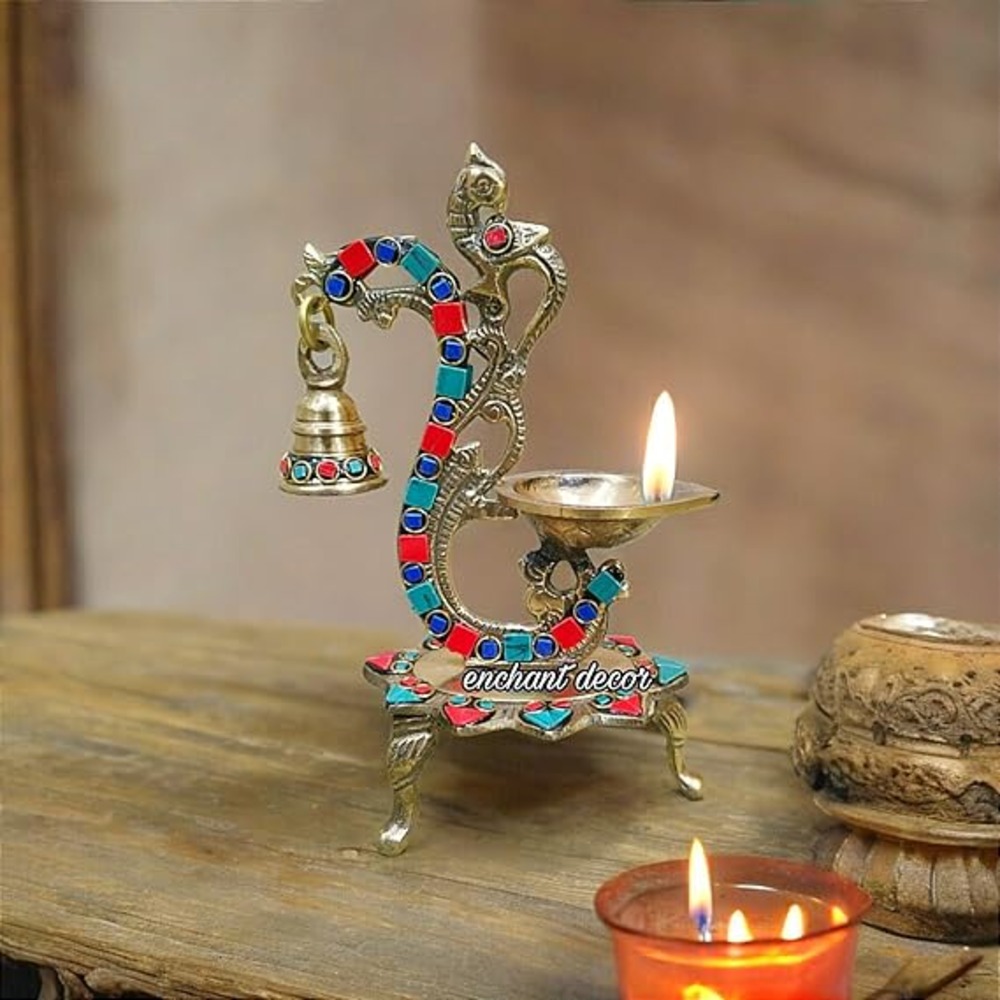 Diya Brass Peacock with Stone Disinge